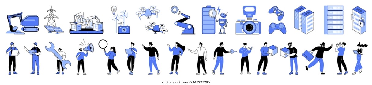 Business And High Tech Linear Vector Isolated Illustration Bundle Industrial Robotic Technologies Renewable Energy Server Security Construction Heavy Machinery Business People Communication