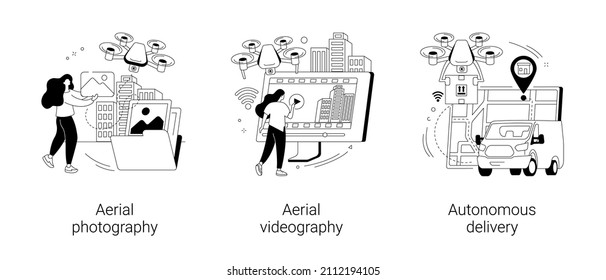 Drone Service Abstract Concept Vector Illustration Set Aerial Photography And Videography Autonomous Delivery Video Production Commercial Shooting Automated Courier Service Abstract Metaphor