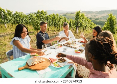 Happy Adult Friends Having Fun Drinking White Wine And Eating Together With Vineyard In Background   Multiracial People Doing Dinne At Summer Time In Countryside Resort   Main Focus On Blond Girl Face