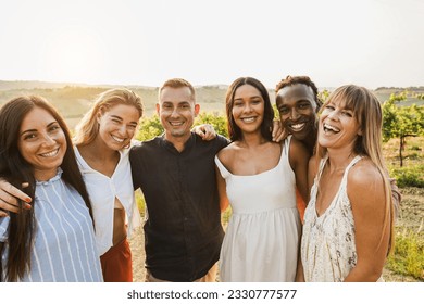 Happy Multiracial Friends Having Fun Outdoor With Vineyards In Background   Tourist Multi Ethnic People Smiling On Camera During Summer Vacation   Travel Friendship And Summer Holidays Concept