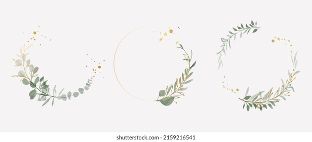 Luxury Botanical Gold Wedding Frame Elements On White Background Set Of Circle Shapes Glitters Eucalyptus Leaves Leaf Branches Elegant Foliage Design For Wedding Card Invitation Greeting