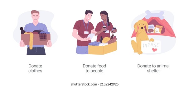 Making Donations Isolated Cartoon Vector Illustrations Set Person Holds Charity Box With Toys And Clothes Volunteering Giving Food To Homeless Donate Supplies For Animal Shelter Vector Cartoon