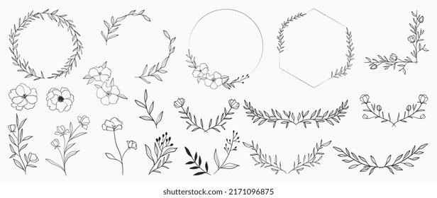 Minimal Botanical Wedding Frame Elements On White Background Set Of Wreath Flowers Leaf Branches In Hand Drawn Pattern Foliage Line Art Design For Wedding Card Invitation Greeting Logo