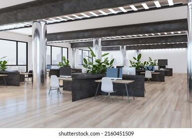 Perspective View On Stylish Open Space Office With Comfortable Workspaces Modern Computers And Green Plants Wooden Floor Silver Columns And Huge Windows With City View 3D Rendering