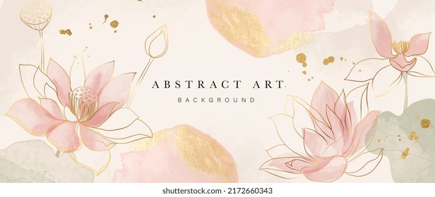 Spring Floral In Watercolor Vector Background Luxury Wallpaper Design With Lotus Flowers Line Art Golden Texture Elegant Gold Blossom Flowers Illustration Suitable For Fabric Prints Cover