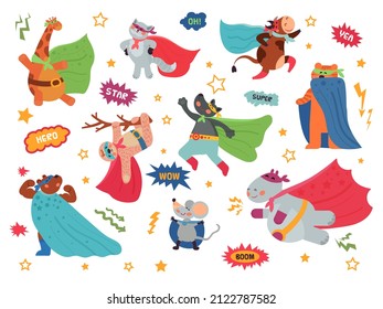 Animal Superhero Cartoon Child Animals Hero Costume On Cat Giraffe Brave Wild Bear Wolf Wild Character In Superman Cape Decent Set