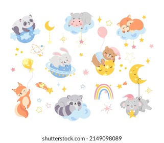 Cartoon Animal Sleep Baby Cute Animals Sleeping And Hugging Cloud Moon Planet Wizard Forest Characters Child Room Funny Decor Night Dream Nowaday Vector Bundle