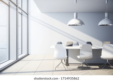 Contemporary Concrete Office Interior With City View Daylight Furniture And Equipment 3D Rendering