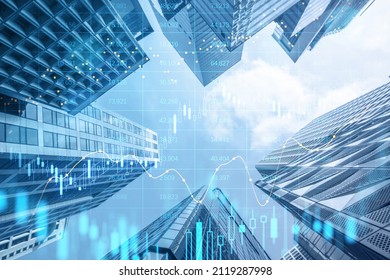 Creative Glowing Big Data Forex Candlestick Chart On Blurry City Background Trade Technology Investment And Analysis Concept Double Exposure