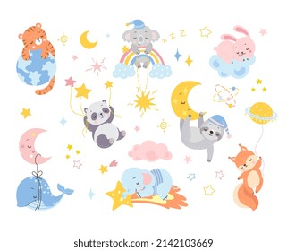 Cute Sleeping Animals Cartoon Sleep Characters On Moon And Rainbow Baby Panda Rabbit On Cloud And Fox Funny Newborn Shower Party Nowaday Vector Stickers