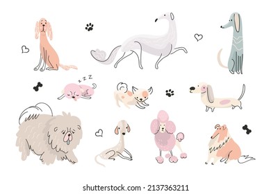 Doodle Cute Puppy Active Dog Painting Dogs Different Poses Hand Drawn Animals Flat Design Baby Pets Funny Puppies Play Nowaday Vector Characters