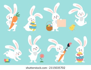 Easter Bunny Modern Egg Bunnies For Kids Standing With Placard Rabbit Or Hare Spring Festive Animal With Flower And Chick Cartoon Holiday Decent Vector Character