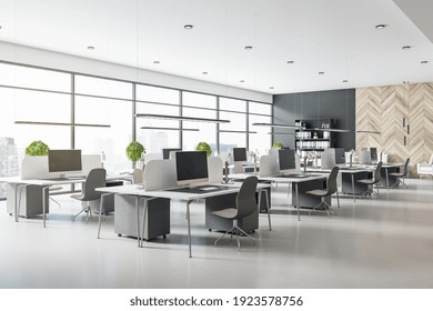 Eco Style Interior Design In Modern Open Space Office With Grey Tables And Chairs Wooden Decor Wall And Concrete Floor 3D Rendering