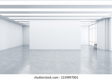 Empty Spacious Light Exhibition Or Gallery Hall With Front View On Blank White Wall Glossy Concrete Floor White Ceiling And Windows 3D Rendering Mockup