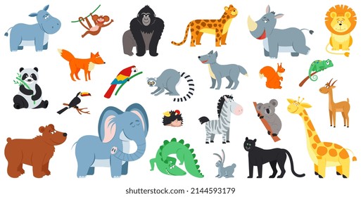 Exotic Forest Animals Cute Cartoon Animal Zoo Life Zebra Fox Bear Wild Safari Comic Kids Elephant Panda And Different African Decent Characters