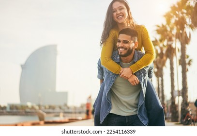 Happy Couple Having Fun Walking In Barcelona During Travel Vacations   Soft Focus On Man Face