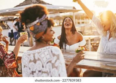 Happy Girls Having Fun Drinking Cocktails At Bar On The Beach   Party And Summer Concept   Focus On Latin Girl Face