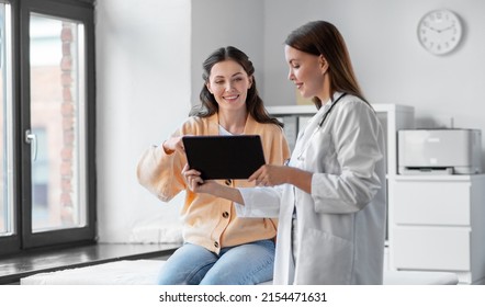 Medicine Healthcare And People Concept   Female Doctor With Tablet Pc Computer Talking To Smiling Woman Patient At Hospital