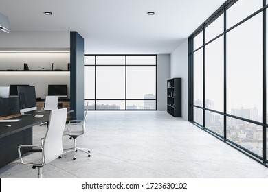 Minimalistic Coworking Office Interior With Megapolis City View Workplace And Corporate Concept 3D Rendering