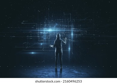 Working And Surfing In Virtual Reality And Cyber Space Concept With Back View On Human In Sport Suit Looking At Digital Display With Crossing Virtual Lines